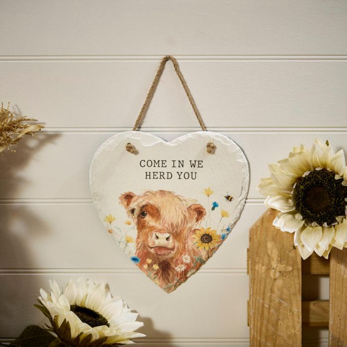 'Come In We Herd You' Highland Cow Floral Slate Heart Hanger