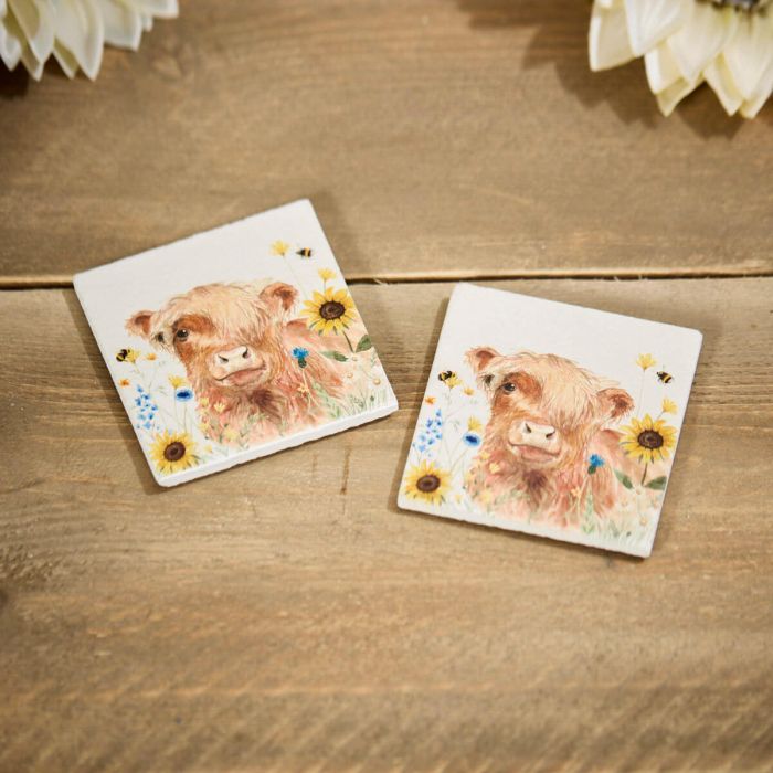 Highland Cow Slate Floral Set of 2 Coasters