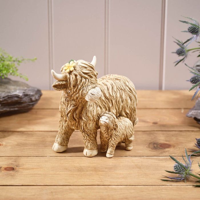 Highland Cow Wood Effect Mother and Baby Ornament