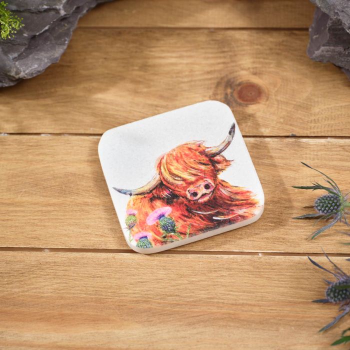 Highland Cow with Thistle Marble Coaster