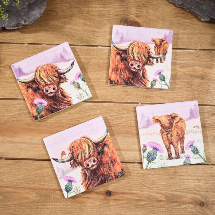 Highland Cow with Thistle Coaster Set