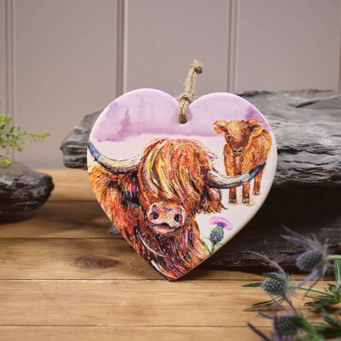 Highland Cow with Thistle Ceramic Hanging Heart