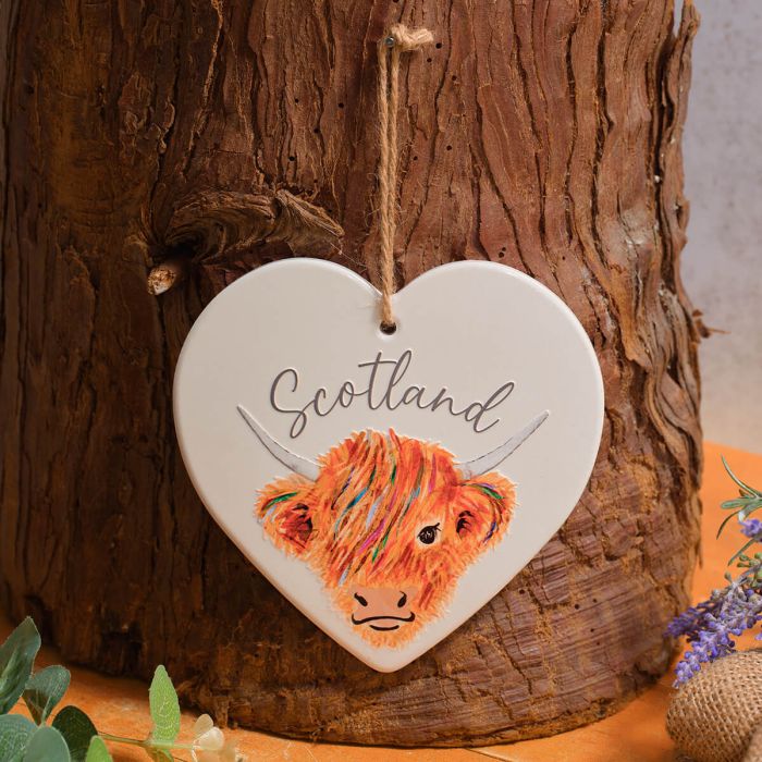 Highland Coo Rainbow Scotland Ceramic 3D Raised Detail Heart Hanger