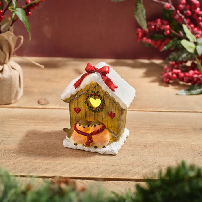 House with Bow and Robin Pair LED Resin Ornament