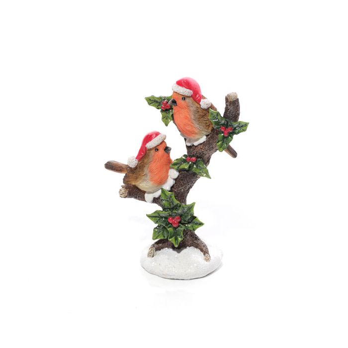 Robin Pair on Holly Tree Resin Ornament
