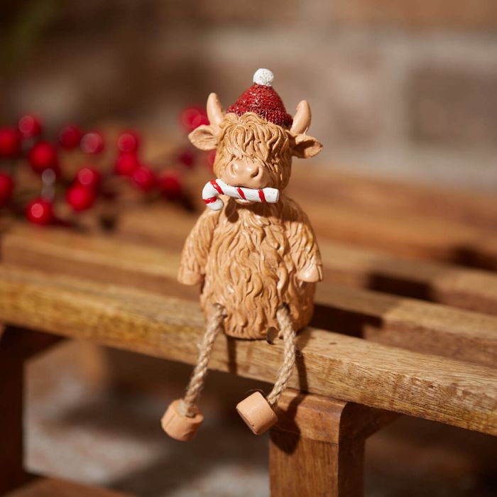 Highland Cow With Candy Cane Shelf Sitter
