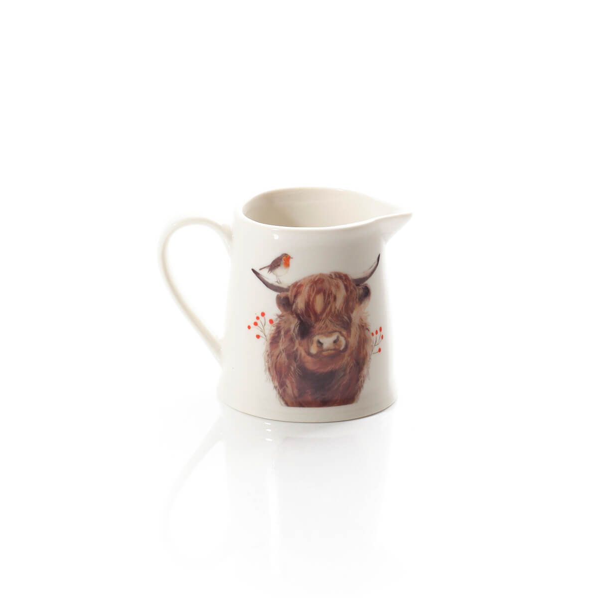 Frosted Highland Cow With Robin Stoneware Milk Jug