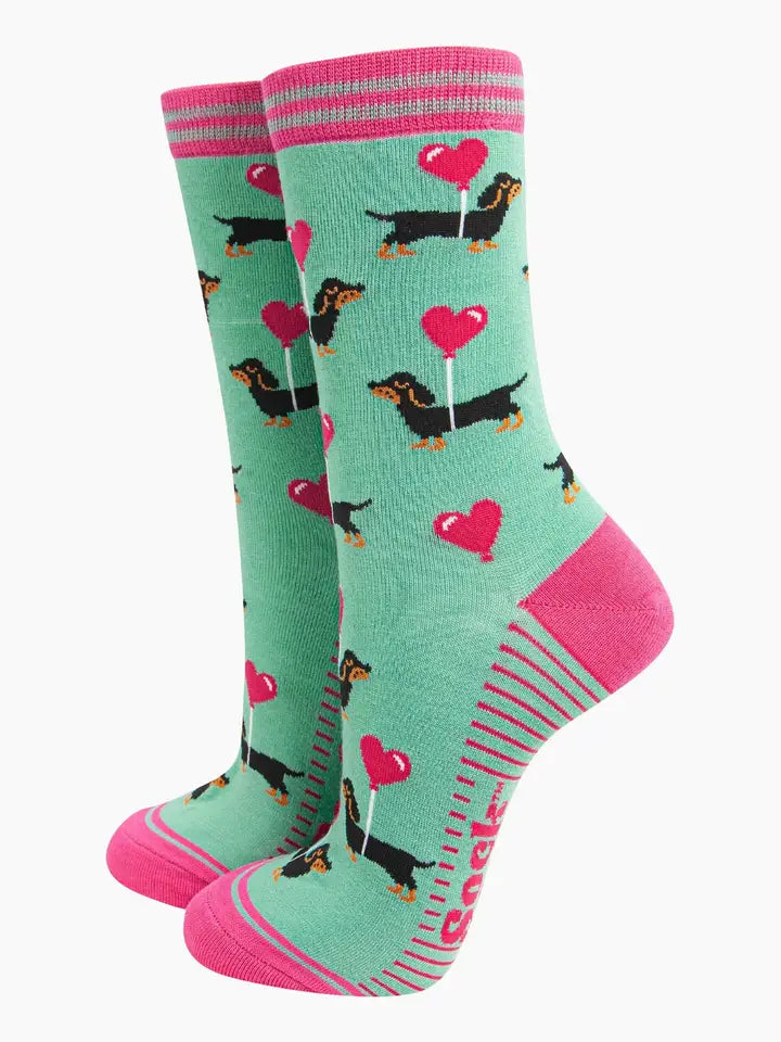 Women's Bamboo Socks - Mint, Sausage Dog Love Heart Balloon