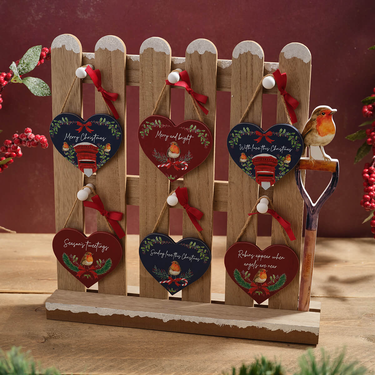 Navy & Red Robin Festive Heart Hanger