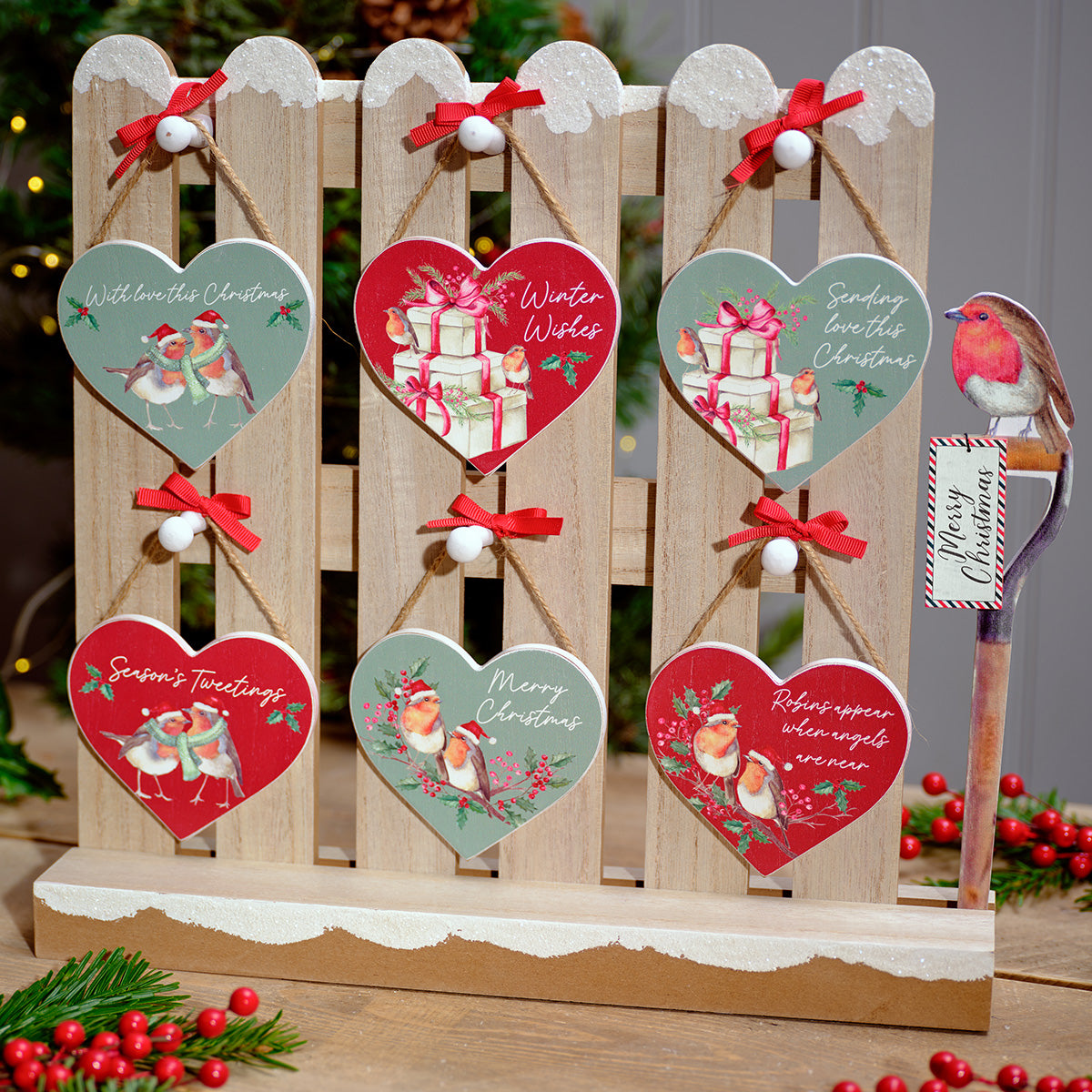 Festive Robin Heart Hangers