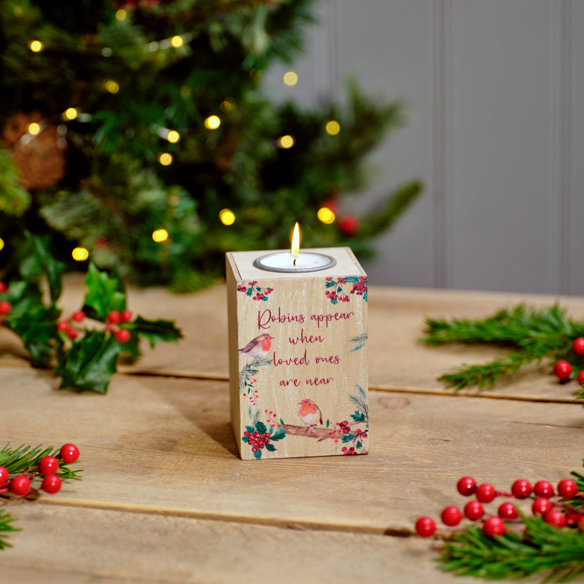 Festive When Robins Appear Wood Tea Light Holder