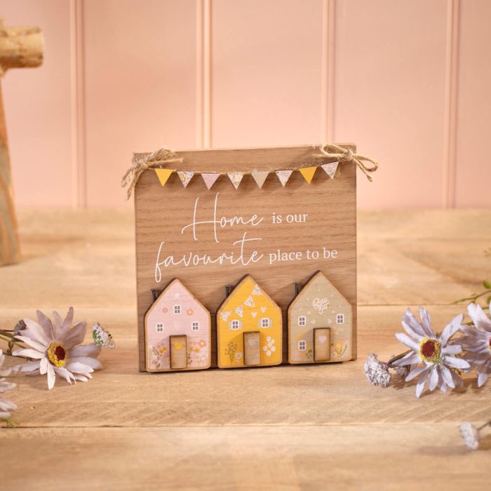Ditsy Floral Wooden Plaque with Houses & Bunting