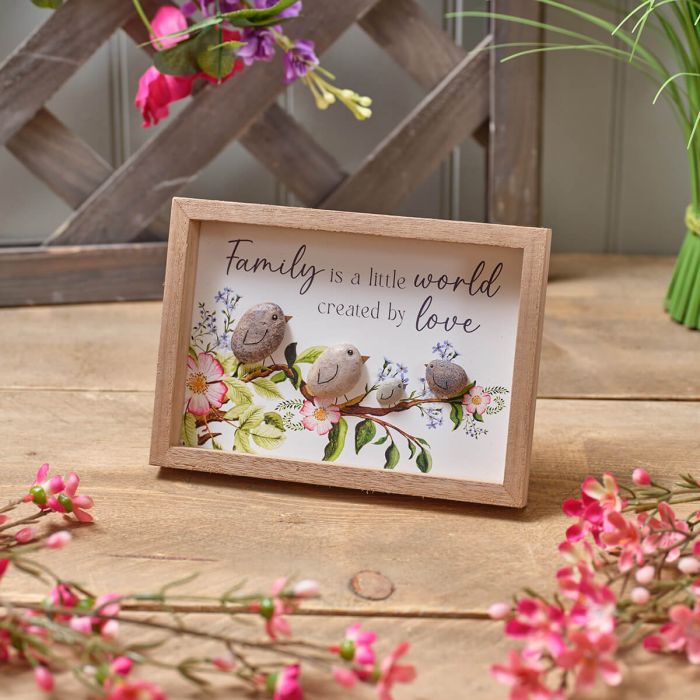 Floral Family Framed Plaque with Resin Pebble Birds