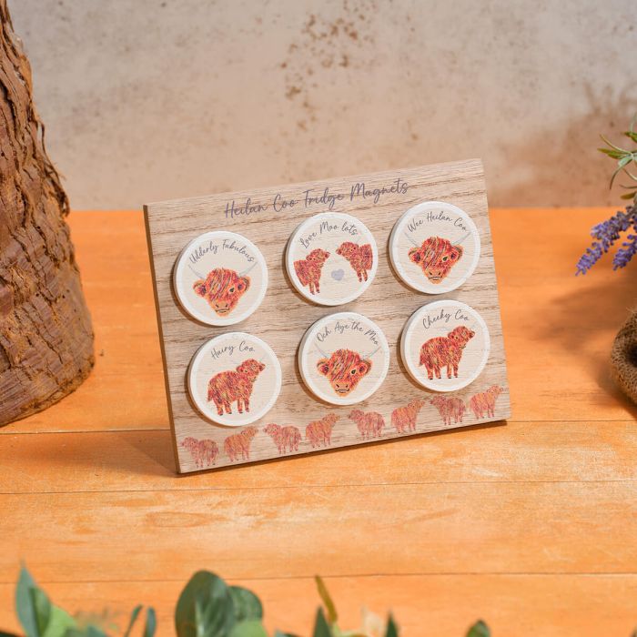 Highland Coo Rainbow Round Wood Magnet