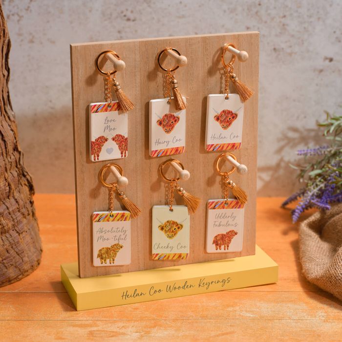 Highland Coo Rainbow Wood Keyring