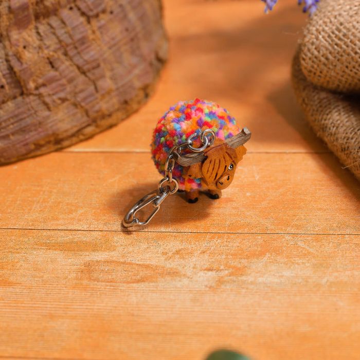 Highland Coo Rainbow Pom Pom Keyring