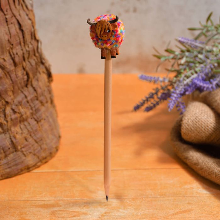 Highland Coo Rainbow Pom Pom Wooden Pencil
