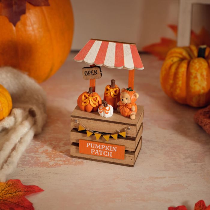 Wooden Pumpkin Patch Stall with Teddy