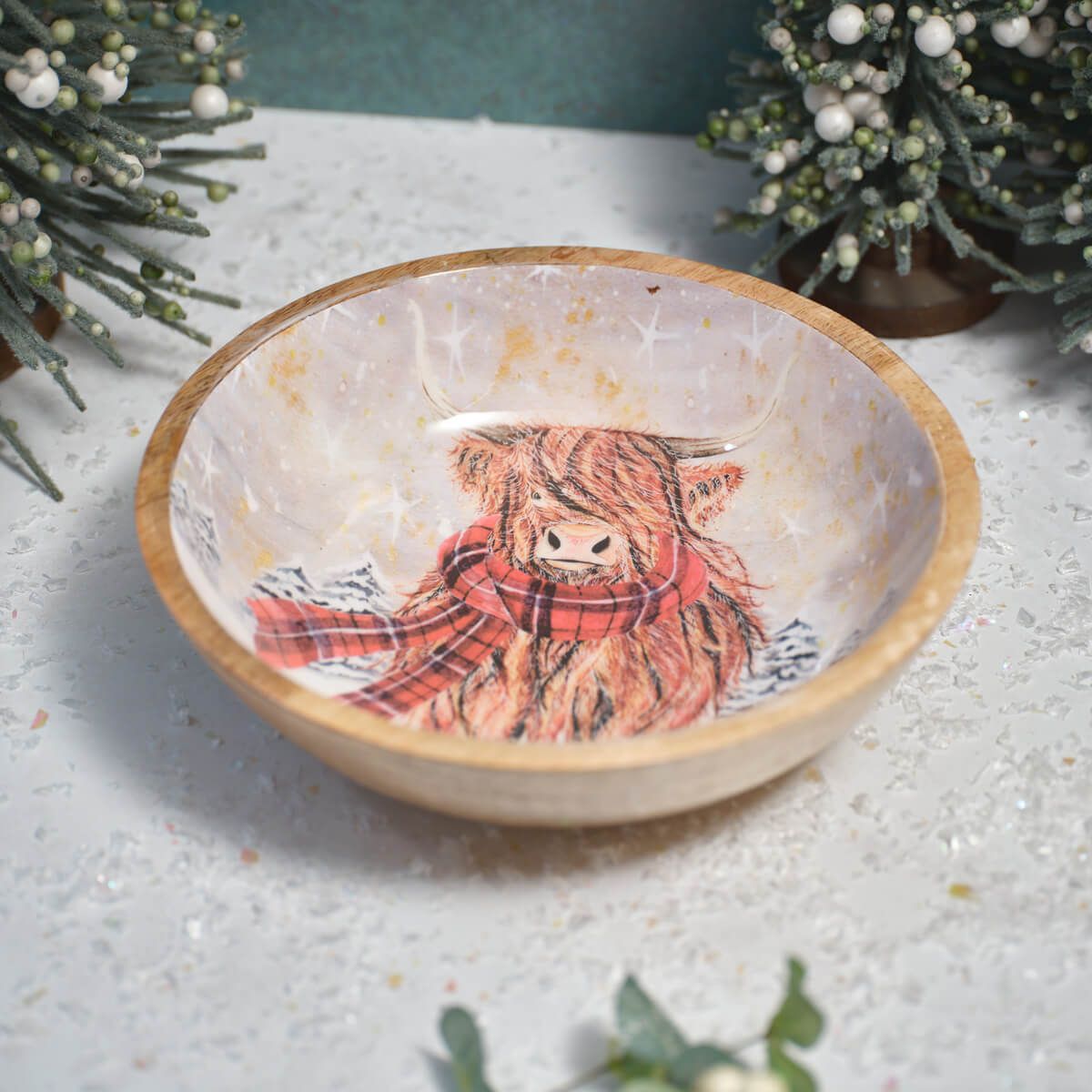 Mango Wood Highland Cow with Tartan Scarf Bowl