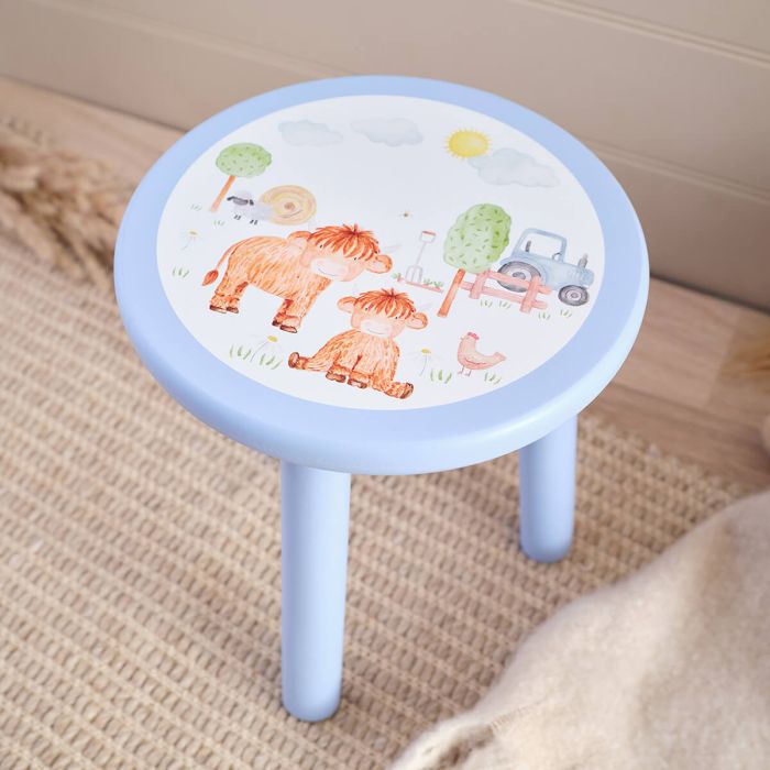 Mini Farm Highland Cow and Tractor 3 Leg Blue Stool