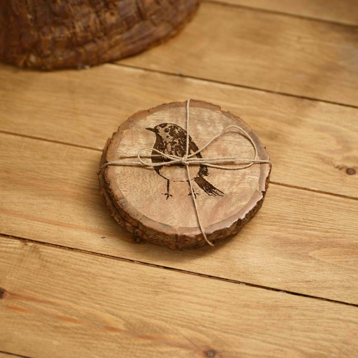 Mango Wood Engraved Robin Coaster Set