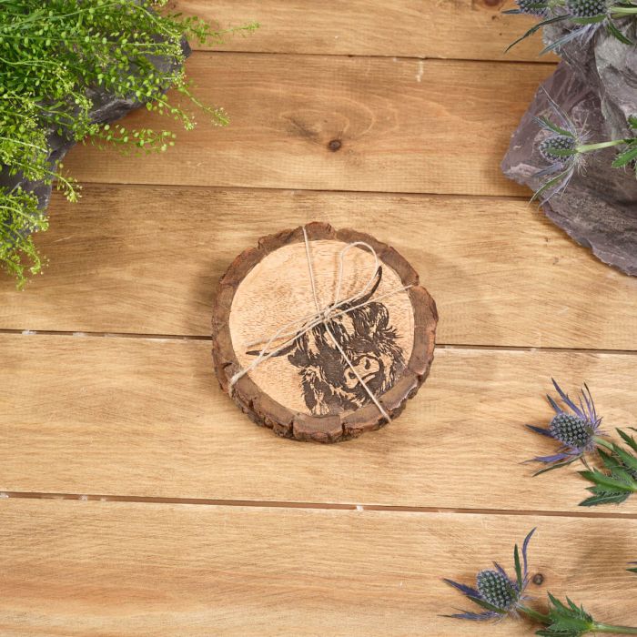 Mango Wood Engraved Highland Cow Coaster