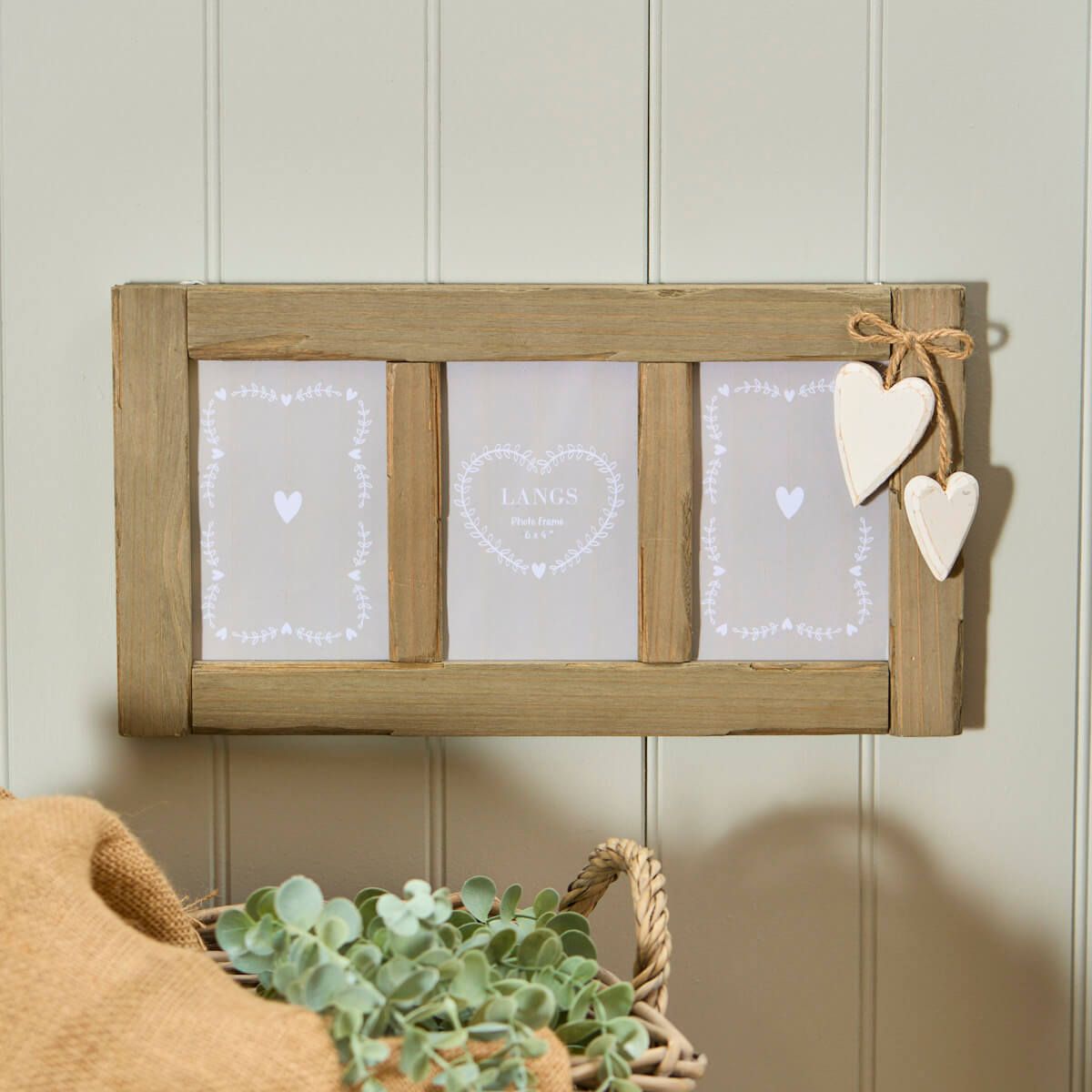 3 Photo Rustic Fir Wood Photo Frame with 2 Hanging Hearts