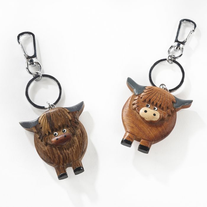 Highland Cow Wooden Keyring with Grey Horns