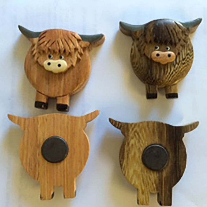 Highland Cow Wooden Magnet with Grey Horns