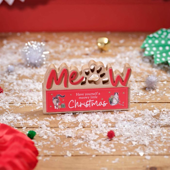 Wooden Cut Out 'Meow' Christmas Block