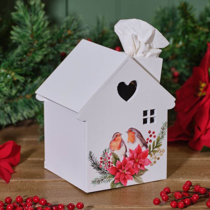 Robin & Poinsettia Wooden Tissue Box