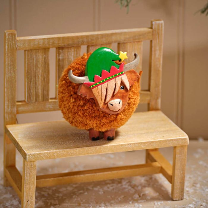 Christmas Pom Pom Highland Cow with Elf Hat Ornament