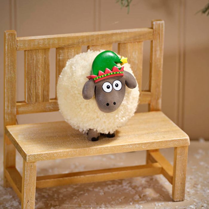 Large Christmas Pom Pom Sheep with Elf Hat Ornament