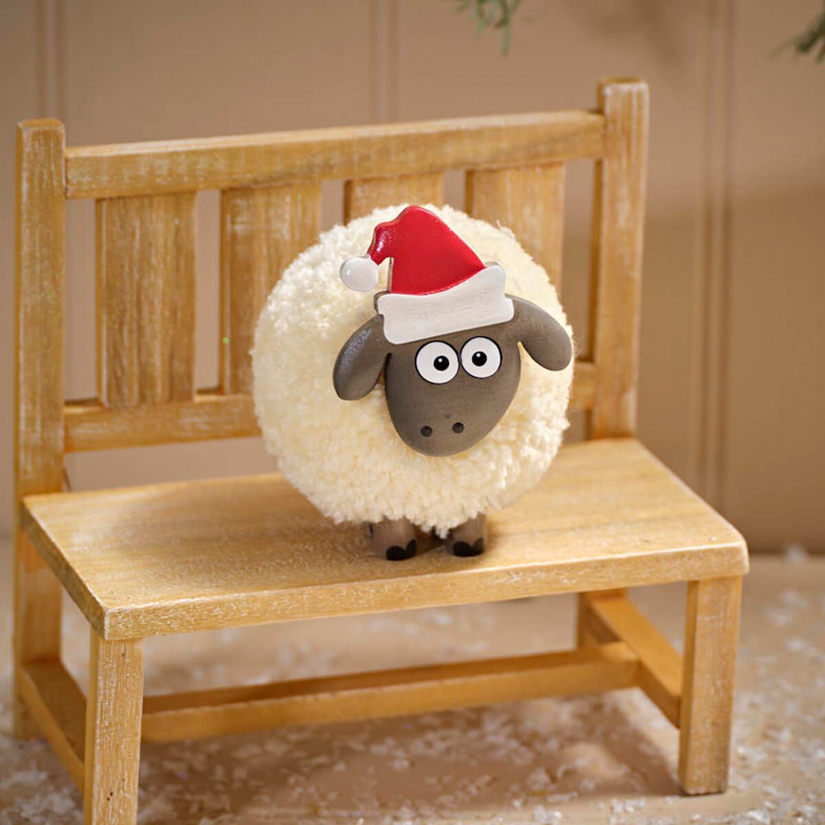 Large Christmas Sheep Cream Pom Pom Ornament with Santa Hat