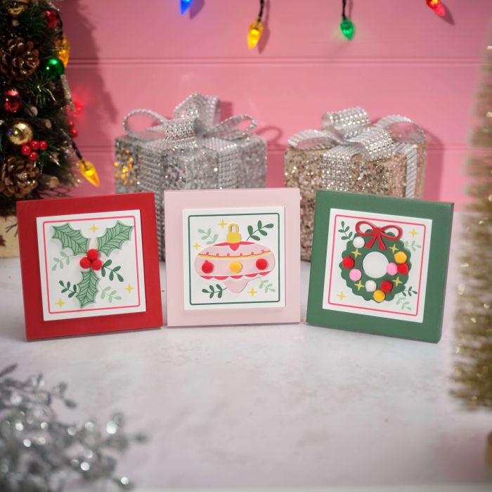 Square Wood Block with 3D Detail and Pom Poms