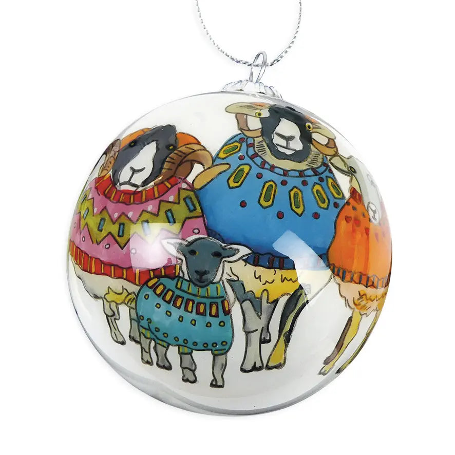 Sheep in Sweaters Hand-Painted Glass Bauble