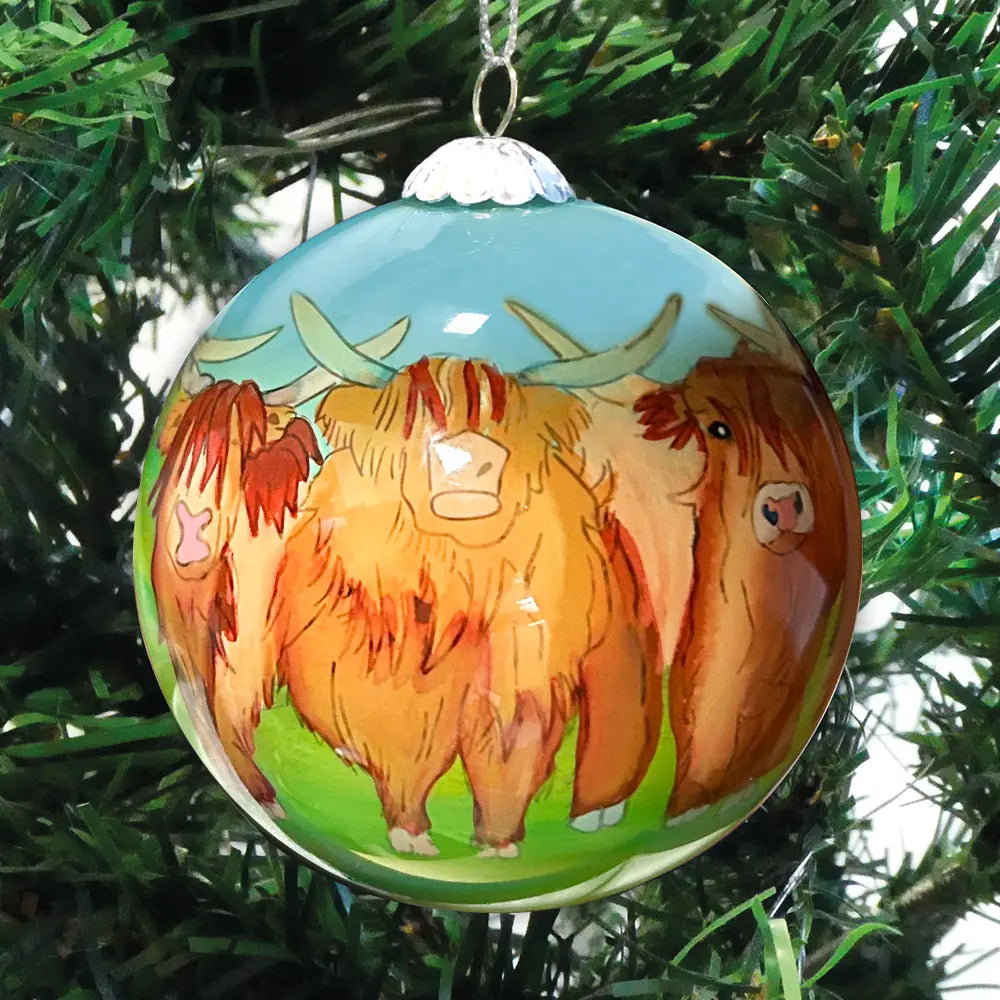 Highland Coos Hand-Painted Glass Bauble