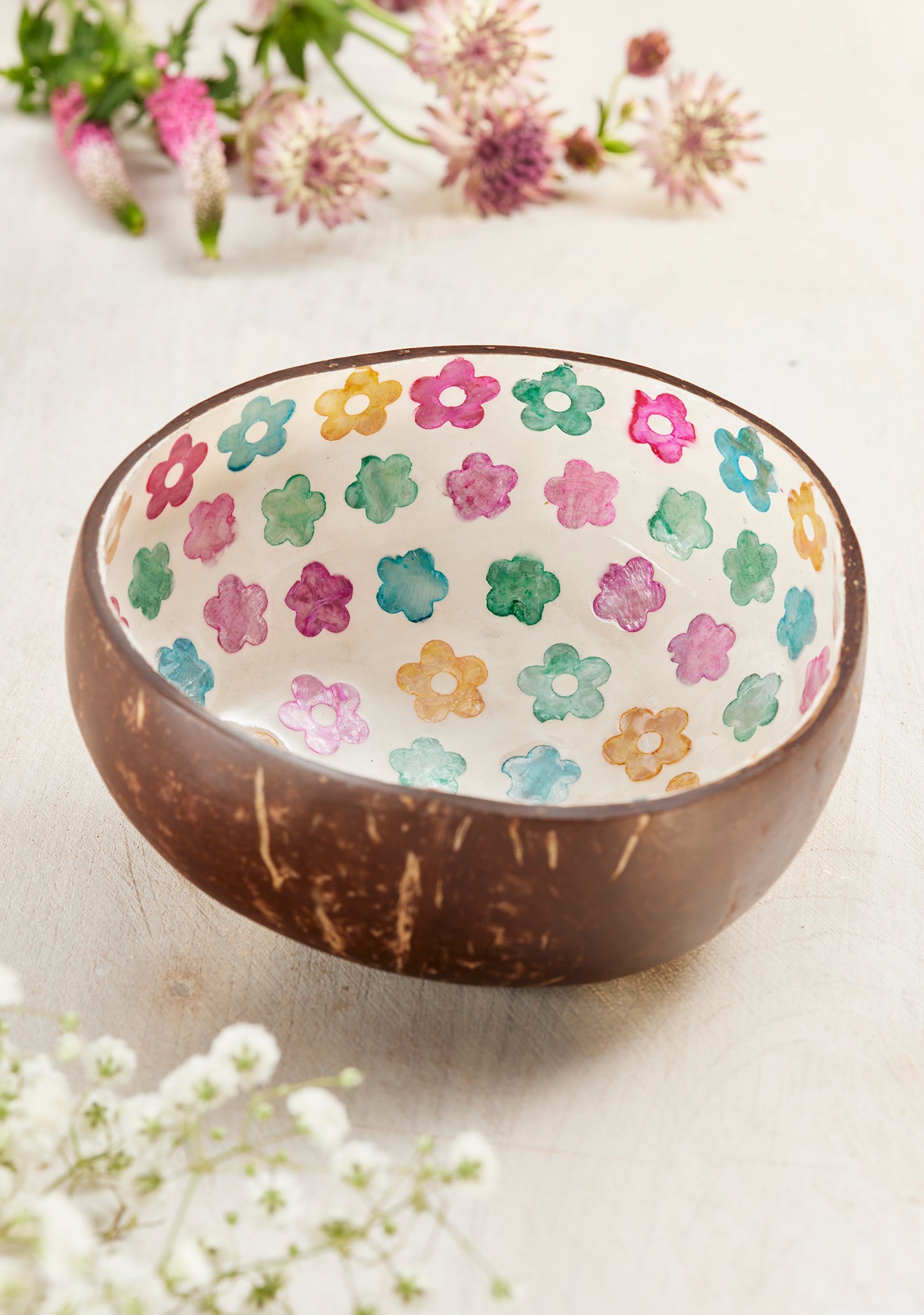 Coconut Shell Bowl with Coloured Flowers