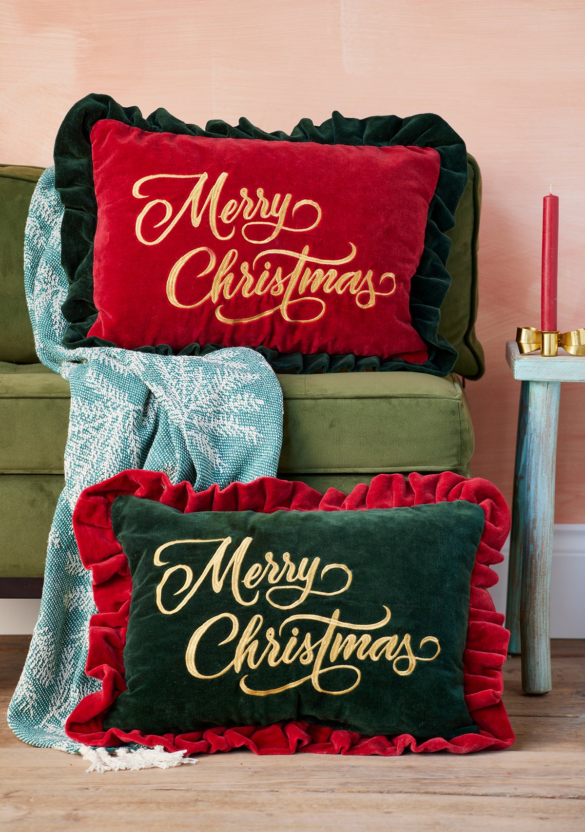 Merry Christmas Embroidered Velvet Cushion Cover