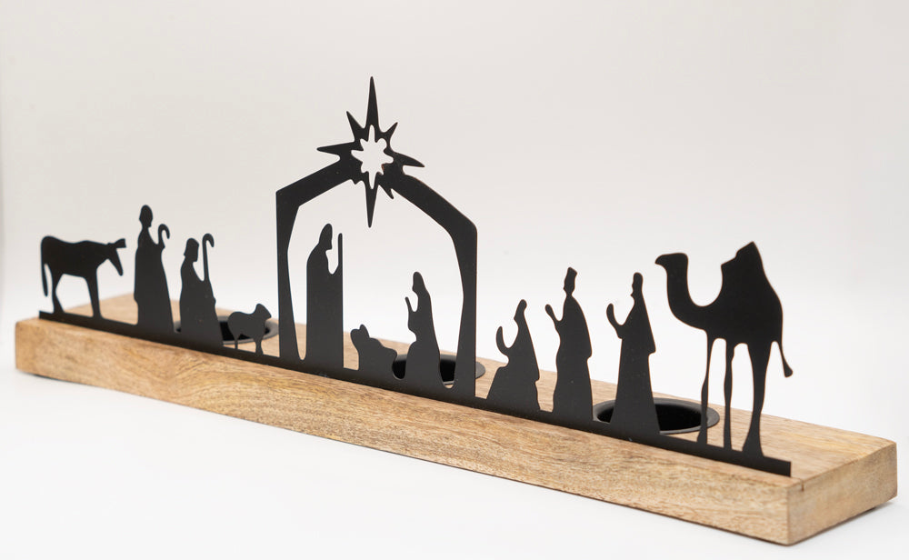Long Black Metal Nativity Tealight Holder on Wooden Base