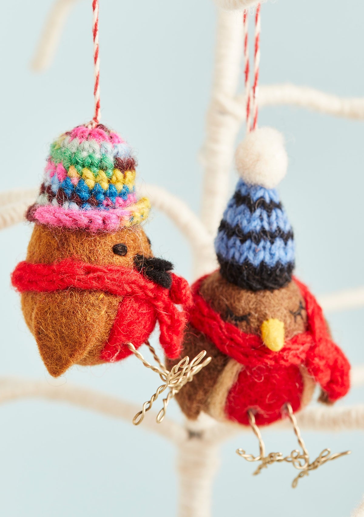 Standing Robin in Knitted Hat & Scarf Felt Tree Decoration