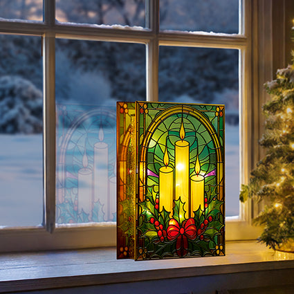 Light up Stained Glass Candles & Holly Tabletop
