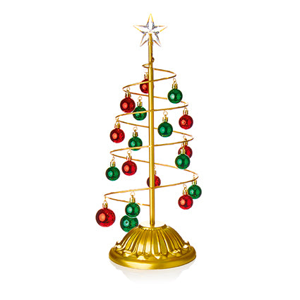 Lit Gold Metal Tree with Red and Green Baubles