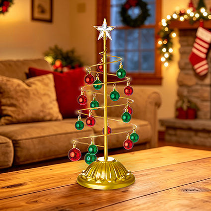 Lit Gold Metal Tree with Red and Green Baubles