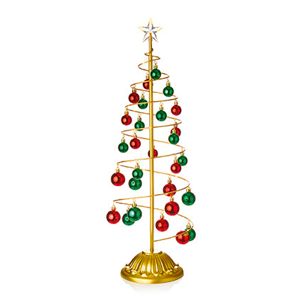 Lit Gold Metal Tree with Red and Green Baubles