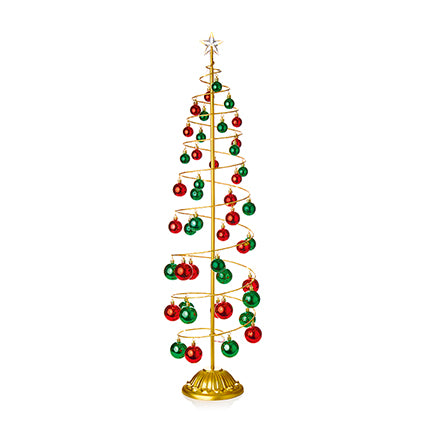 Lit Gold Metal Tree with Red and Green Baubles