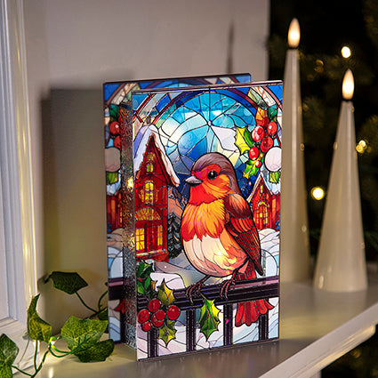 Light up Stained Glass Robin on Gate Tabletop