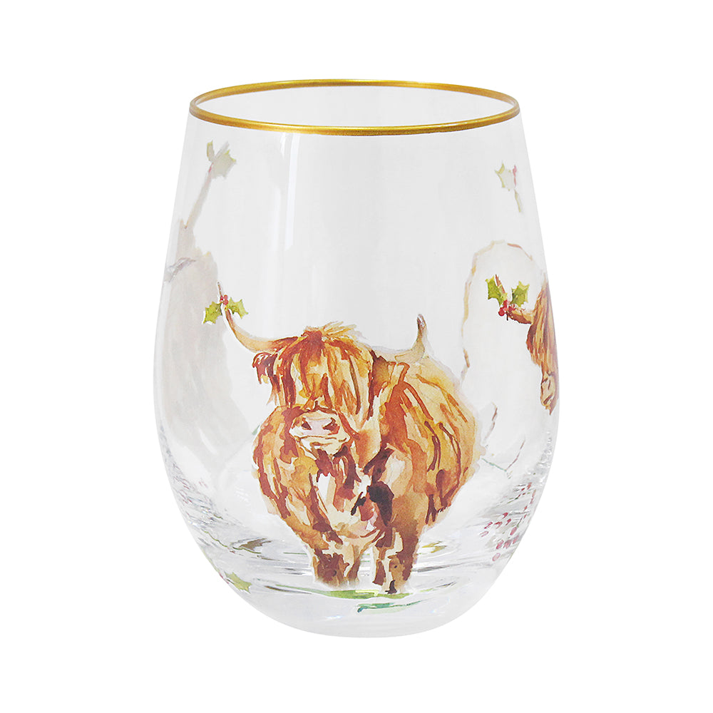 Christmas Highland Cow Stemless Glass