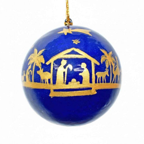 Gold on Blue Nativity Scene Bauble