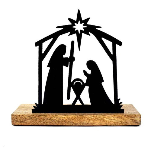 Metal Nativity Tealight Holder on Wooden Base